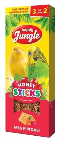 Лакомство для птиц "Happy Jungle", палочки с медом и ягодами, 3 штуки