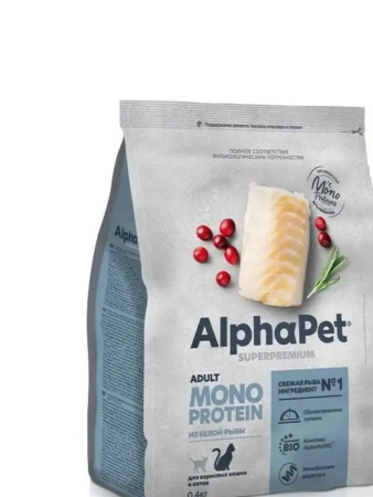AlphaPet MONOPROTEIN полнорационный корм из белой рыбы для взрослых кошек 400 г