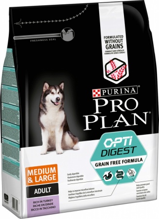Корм Pro Plan Grain Free, для собак средних и крупных пород, с чувствительным пищеварением с индейкой, 2,5 кг